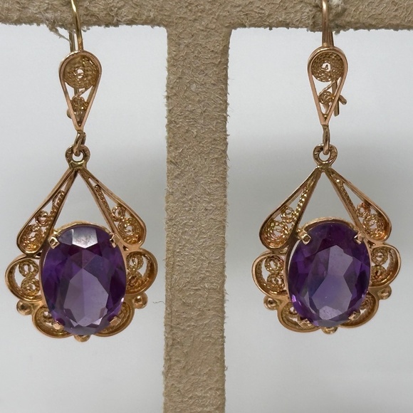 pair of marked 14k rose gold dangle earrings amethyst royal colors - Picture 1 of 5